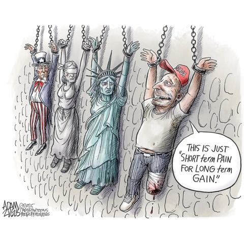Cartoon by Adam Zyglis - depicting Uncle Sam, Lady Justice, Lady Liberty, and a MAGA guy hanging from their arms on the castle walls with the MAGAt say, "This is just 'short term pain for long term GAIN'"