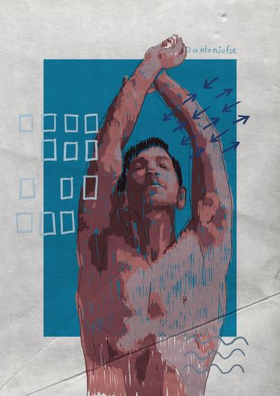 Ilustración digital de un hombre con los brazos levantados y las manos entrelazadas sobre su cabeza. Su expresión es relajada, con los ojos medio cerrados y la cabeza ligeramente inclinada hacia atrás. El dibujo tiene un estilo pictórico con texturas y líneas sueltas en tonos marrones, rosados y azules. De fondo, hay un rectángulo azul intenso, sobre el cual flotan elementos gráficos como cuadrados, flechas y líneas onduladas en tonos claros, que añaden dinamismo a la composición. En la parte superior derecha aparece la firma “@antoniofse”. El papel tiene un efecto arrugado, dándole un toque de materialidad a la pieza.