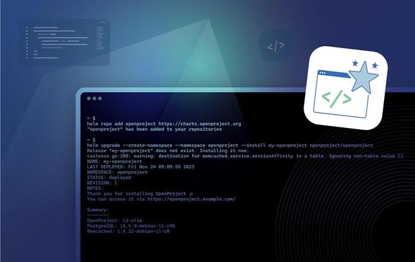 Terminal showing code for Helm charts for OpenProject, plus symbol image for installation