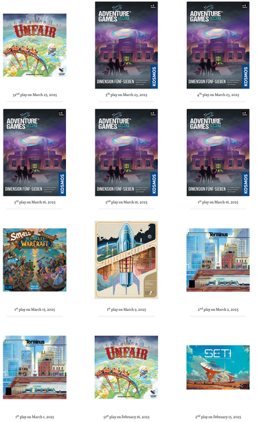 Screenshot of https://sebastian-bergmann.de/boardgame_plays.html showing boardgames played in March 2025