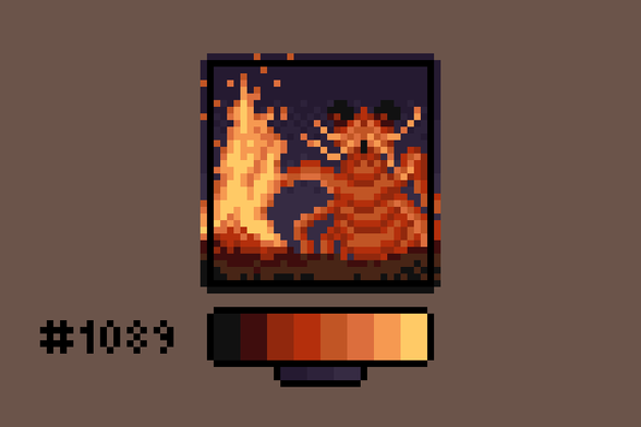 Pixel art of a shrimp sitting in front of a blazing campfire, looking like it's talking animatedly about something.