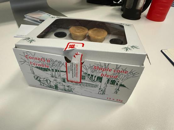 A packet of Maple cone blend (cornets à l’érable) from Quebec. The packet says 12 x 22g, but the seal is broken and you can see that at least two are missing.