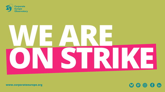 green background and the words: we are on strike