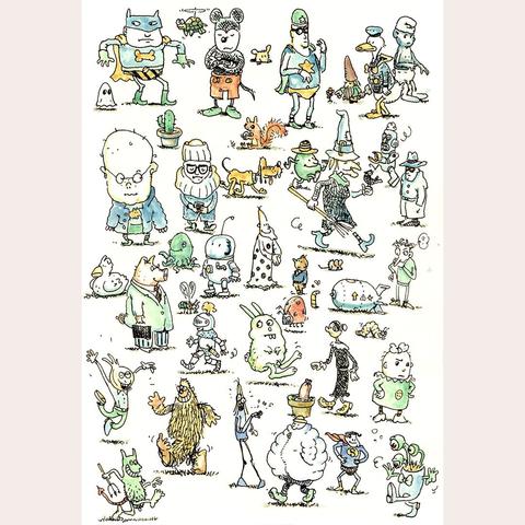 Many small cartoony characters fill a sketchbook page. They differ greatly between heroes, monsters, aliens and animals. Drawn in black ink (thin lines) with some watercolour.