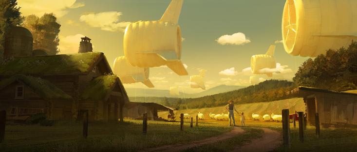 Illustration #SolarPunk par Jessica Woulfe.

De grands cerfs-volants en forme de turbine, en formation dans un ciel bleu parsemé de quelques nuages, alimentent en électricité une ferme dans un paysage bucolique.
Des moutons (plutôt que des ZAN) broutent dans un champ.

https://www.iamag.co/the-art-of-jessica-woulfe/