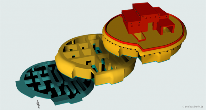 The picture shows three different levels of a reconstruction of the "Round House" at Tepe Gawra. Green is relatively certain, yellow is a good guess and red is completely fictional. © artefacts-berlin.de