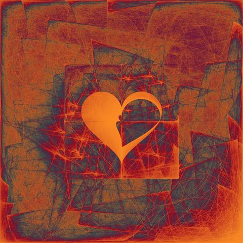 generative art in a red/orange/blue palette with grainy textures and a half-filled heart shape in the middle