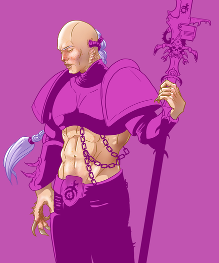 Coloured ink drawing on coloured paper. A 40k Emperor's Children Marine holding a Glaive, looking down. He is wearing armour without bellyparts.