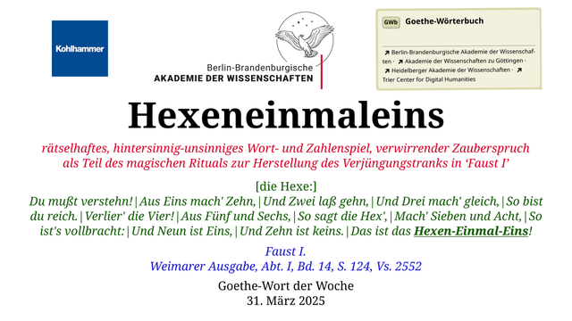 Im oberen Bereich der Grafik: Logo des Kohlhammer Verlags, Logo der Berlin-Brandenburgischen Akademie der Wissenschaften, Schaltfläche "GWb Goethe-Wörterbuch" aus dem Wörterbuchnetz
Darunter, Ausrichtung zentriert:
Hexeneinmaleins

rätselhaftes, hintersinnig-unsinniges Wort- und Zahlenspiel, verwirrender Zauberspruch als Teil des magischen Rituals zur Herstellung des Verjüngungstranks in ‘Faust I’

[die Hexe:]
Du mußt verstehn!|Aus Eins mach' Zehn,|Und Zwei laß gehn,|Und Drei mach' gleich,|So bist du reich.|Verlier' die Vier!|Aus Fünf und Sechs,|So sagt die Hex',|Mach' Sieben und Acht,|So ist's vollbracht:|Und Neun ist Eins,|Und Zehn ist keins.|Das ist das Hexen-Einmal-Eins!

Faust I.
Weimarer Ausgabe, Abt. I, Bd. 14, S. 124, Vs. 2552

Goethe-Wort der Woche
31. März 2025