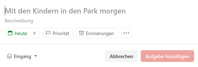 Todoist-Screenshot, auf dem als Vorlage für ein neues Todo "Mit den Kindern in den Park morgen" vorschlägt