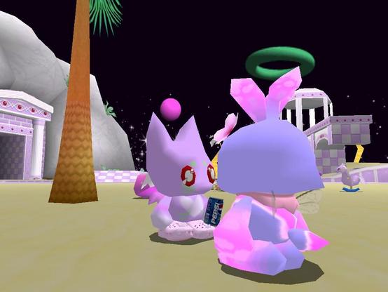 Furbisms chao holding a pepsi and wearing light pink crocs standing and chatting with a bright purple and pink hero power chao who has small transparent bee wings and a pink bandana. They are in the hero garden.