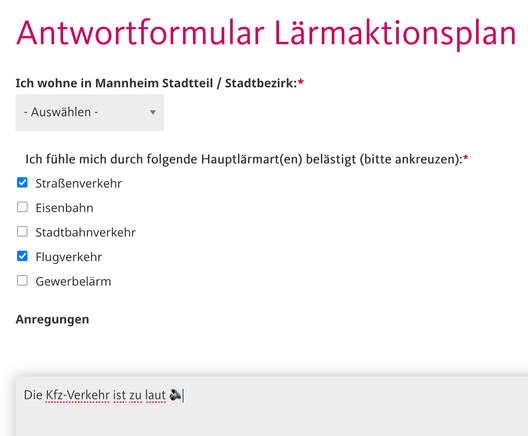 Screenshot des Antwortformulars Lärmaktionsplan der Stadt Mannheim