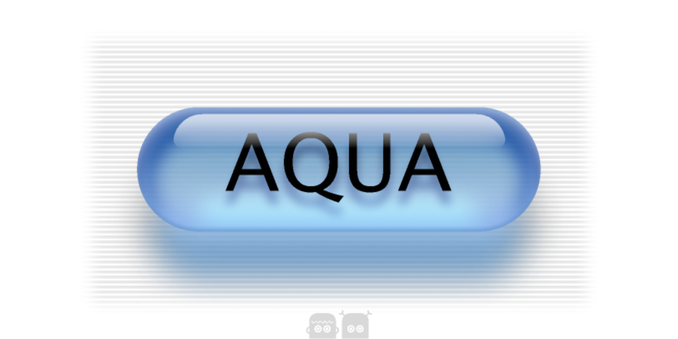 Design Example of a luminescent, blue, translucent, pill shaped, Button with a drop shadow on a white/light gray pinstriped background, from the Aqua UI in OS X, early 2000s.