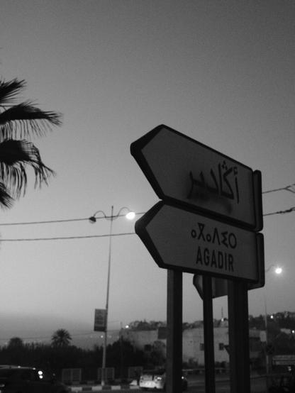A black and white drive-by photograph depicts a road sign indicating directions to Agadir, Morocco. The sign is shaped like two arrows pointing in opposite directions. Each arrow displays the city name "Agadir" in both Arabic script on the top arrow, and Berber/English on the bottom arrow. The photo is taken at dusk, providing a muted, slightly grainy effect. The background includes palm trees, streetlights, and faint outlines of buildings. The image captures a sense of place and travel.