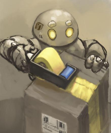 Digital painting of working class robot, sealing package with tape gun