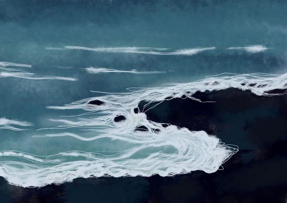 A colour study of blue-green ocean surf clashing against black rocks.