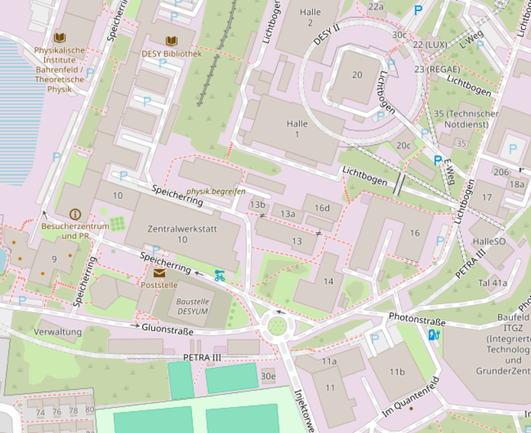 Openstreetmap-Karte des Geländes des Deutschen-Elektronen-Synchrotron-Geländes mit Straßennamen wie im Toot.