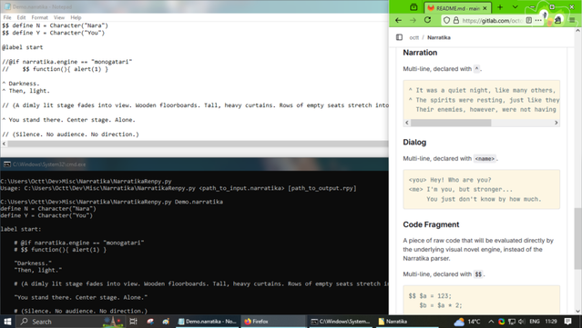 Schermata README, script Demo.narratika, e lo script convertito in Ren'Py