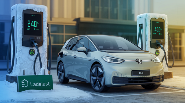 A photo-realistic image of a silver VW ID.3 electric car parked in front of two charging stations. The left charging station is covered in snow and has a display showing "240 km" remaining. The right charging station is sunny and has a display showing "400 km" remaining. In the foreground, there is a green sign with the text "Ladelust". The background contains a building. The lighting transitions from a blue-cold to a warm-golden hue.
