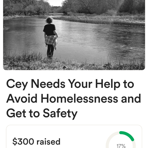 Screenshot of a GoFundMe page Titled "Cey Needs Your Help to Avoid Homelessness and Get to Safety". The cover photo is a B&W picture of Cey looking off into the distance with their back facing the camera. $300 raised!