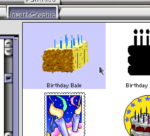 A screenshot of Print Shop Pro for the Mac showing the clip art screen for birthday icons, and one is labeled “Birthday Bale” showing a bale of hay with candles stuck in it