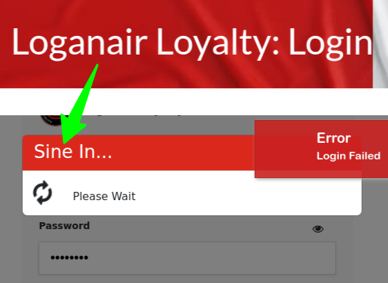 Screen shot of log in page at Loganair. The page has a box headed "Sine In..."