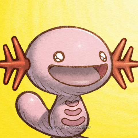 Digitally-handmade fanart profile picture of a shiny male Wooper Pokémon facing forward towards the right side of the image at a 3/4 angle with a pleasantly amazed expression, on a yellow gradient background.