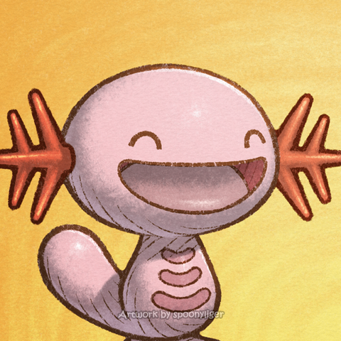 Digitally-handmade fanart profile picture of a shiny male Wooper Pokémon facing forward towards the right side of the image at a 3/4 angle with a happy facial expression, on an orange gradient background.