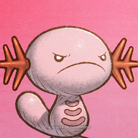 Digitally-handmade fanart profile picture of a shiny male Wooper Pokémon facing forward towards the right side of the image at a 3/4 angle with a mad facial expression, on a magenta gradient background.