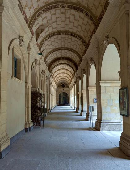 one side of the cloisters at a former Benedictine convent (C17) , now the Musée des Beaux-Arts de Lyon, at Lyon, France. March 2025.