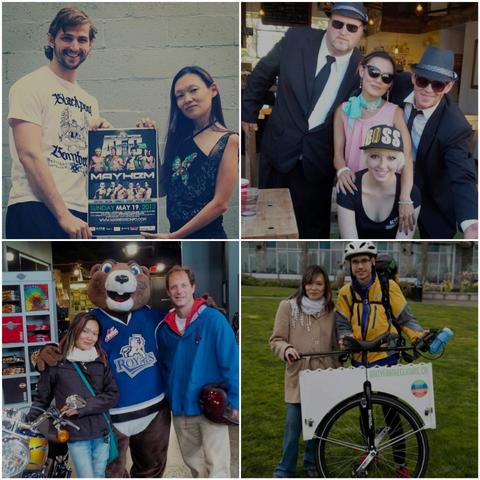A collage featuring four different snapshots. The first shows a man and me holding a poster advertising "Mayhem" fights, dated May 19, 2013. The second contains three people dressed in costumes, one wearing a "BOSS" cap and dark sunglasses & me in the middle of them. In the third snapshot,  I'm posing beside a motorcycle with my ex and Victoria Royals hockey mascot, Marty the Marmot. The last image displays me & a man in glasses, dressed in waterproof cycling gear are standing next to a unicycle with a sign that reads "Unityfortheclimate.ca."