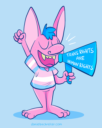 Comic Illustration: ein pinker Goblin mit großen Ohren hält ein Megaphon in der Hand. Er trägt ein Shirt mit den Trans Pride Farben und hebt die Faust in die Luft und ruft dabei ins Megaphon. Auf dem Megaphon selbst steht: „Trans right are human rights“