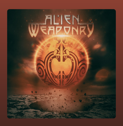 The image is the album cover for *Te Rā* by the band Alien Weaponry. It features a glowing, fiery orange sun with an intricate Māori-inspired tribal design at its center. The sun appears to be rising or hovering above a barren, cracked landscape, with debris floating upward, adding a dramatic and intense effect. The background consists of a dark, cloudy sky with reddish hues, reinforcing a sense of power and mysticism. The band's name, *Alien Weaponry*, is displayed in a futuristic metallic font at the top of the image, complementing the album's bold and energetic aesthetic.