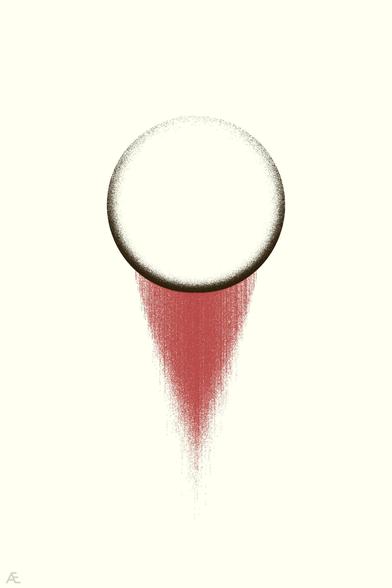 abstract image: a circle drawn with many black dots, thicker at he bottom and thin at the top, from the bottom edge, many tiny streaks of red dots point downwards, creating the look of a liquid flowing down