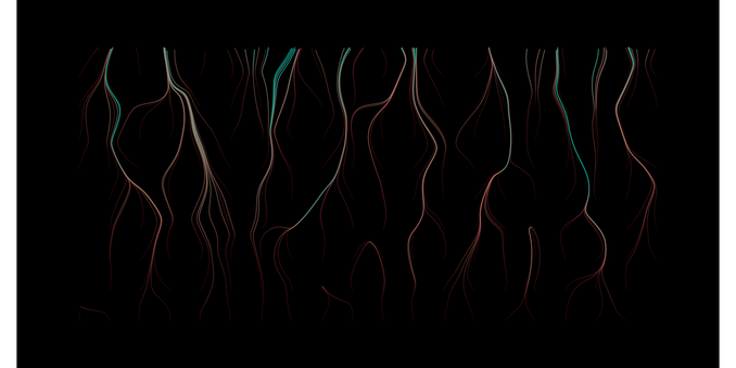 abstract image: several tendril-like live on a black background, they split into branches and change color from green near the top to a dark orange near the bottom