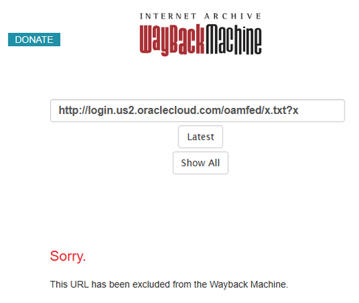 wayback machine screenshot showing that Oracle requested the URL showing a threat actor compromised their system to be exlcuded.