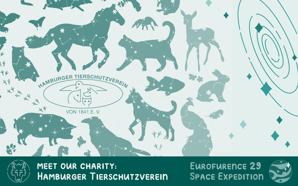 The illustration shows the logo of the animal welfare organisation "Hamburger Tierschutzverein von 1841 e.V.", surrounded by the silhouettes of many different animals with a constellation pattern covering them. 
The text underneath says: "Meet our charity: Hamburger Tierschutzverein. Eurofurence 29, Space Expedition".

Artwork by @mona_thehoofeddragon