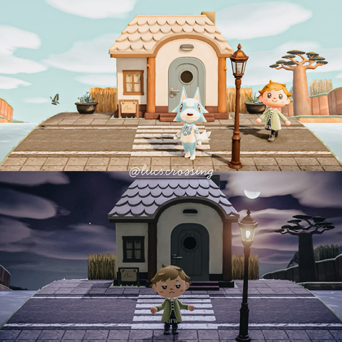 A day shot of the lamplighter Skye in front of her home with the little prince, and a night shot of the same scene with Skye inside her house while the little prince shrugs under a lit street lamp.