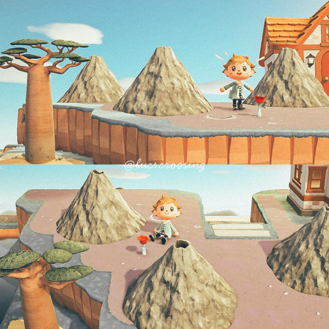 Game screenshots from ACNH showing the little prince on his planet with three volcanoes and the rose. 🌹