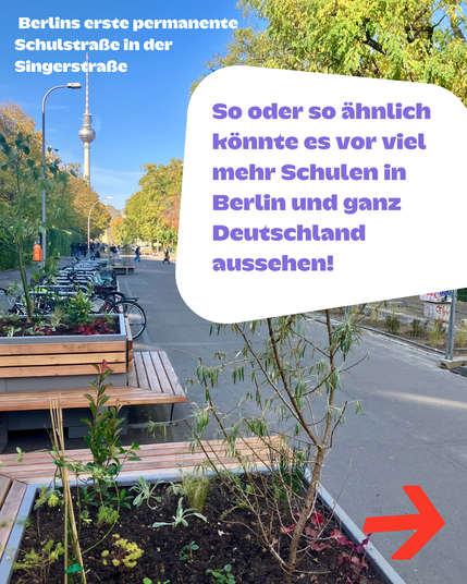 So oder so ähnlich könnte es vor viel mehr Schulen in Berlin und ganz Deutschland aussehen!
Berlins erste permanente Schulstraße in der Singerstraße. Foto einer Straße ohne Autos mit Fahrradständern, einem Hochbeet und Sitzbänken aus Holz, im Hintergrund der Ferhnsehturm