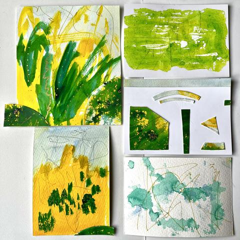Fünf abstrakte Bilder in Gelb, Grün und Blau. Vier in Postkartengröße, eines etwas größer.