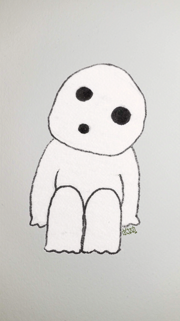 Ink doodle of a kodama (tree spirit) from Ghibli movies- a white humanoid shape with three black spots for facial features.