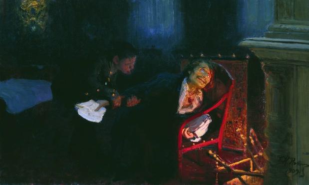 Gogol burning the manuscript of the second part of Dead Souls, by Ilya Repin. Painting shows a man trying to stop Gogol (with thin mustache and demented expression) from burning the manuscript. By Ilya Repin - http://www.art-catalog.ru/picture.php?id_picture=11471, Public Domain, https://commons.wikimedia.org/w/index.php?curid=3636844