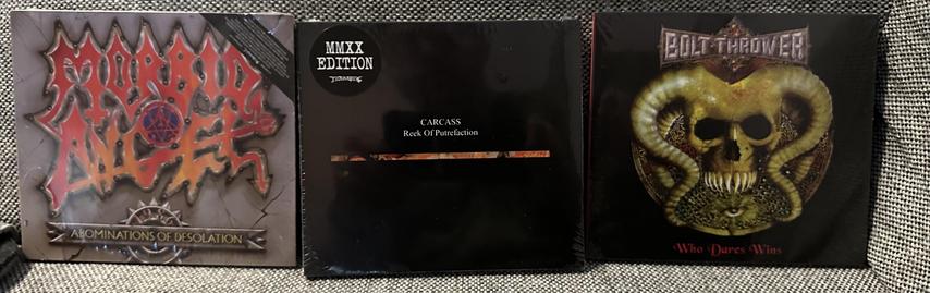 Morbid Angel/Abominations of desolation, Carcass/Reek of putrefaction and Bolt Thrower/Who Dares Wind on cd