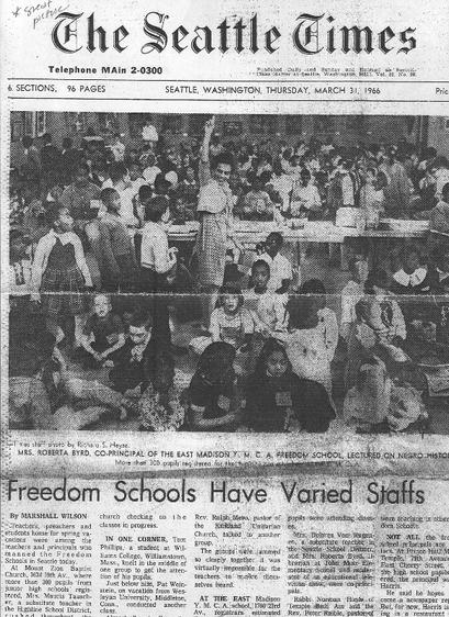 Front page of the Seattle Times, from March 31, 1966, showing the protests and discussing the