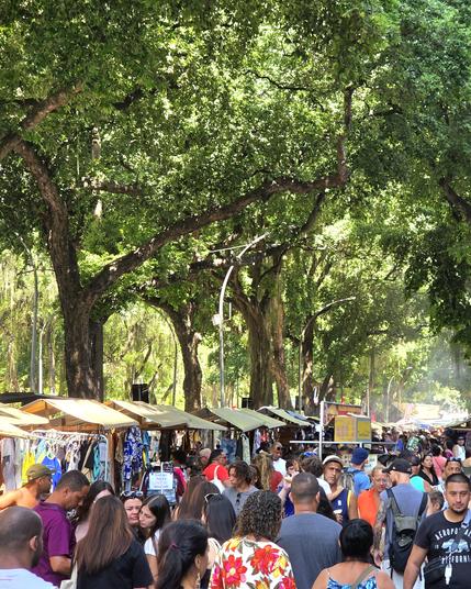 Feira de rua tomada por pessoas. A rua é plenamente arborizada. As barraquinhas, uma do lado das outras, chamam a atenção da multidão.