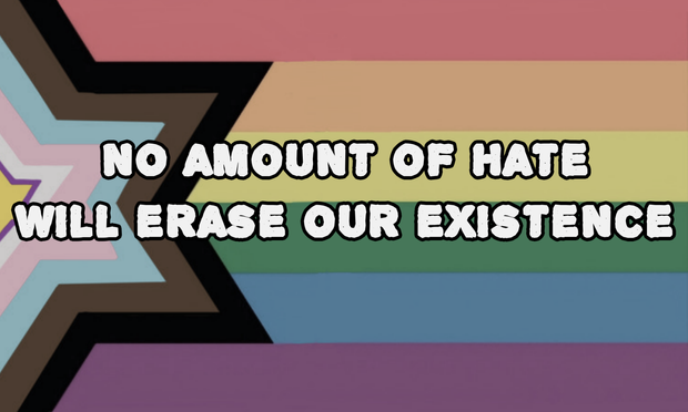 FR: une phrase écrite en grand en anglais "aucune quantité de haine n'effacera notre existence" avec en fond un drapeau de fierté progress lgbtqia+ désaturé modifié légèrement pour que la flèche de gauche ait la forme de la Magen David. Fin du texte alternatif.
ENG: a large phrase written "no amount of hate will erase our existence" with a desaturated lgbtqia+ progress pride flag in the background, edited slightly so that the left arrow forms the shape of the Magen David. End of alternative text.