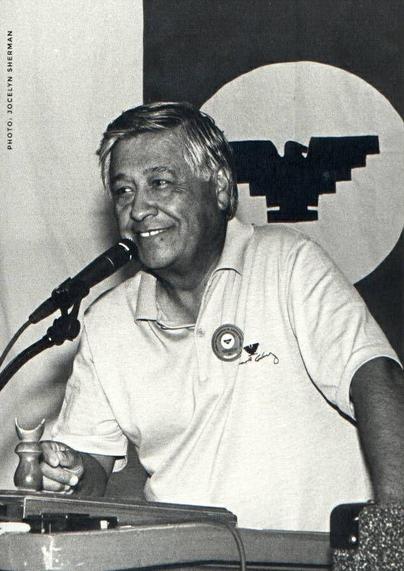 Historical B&W photo of Cesar Chavez at convention. Photo copyright Jocelyn Sherman