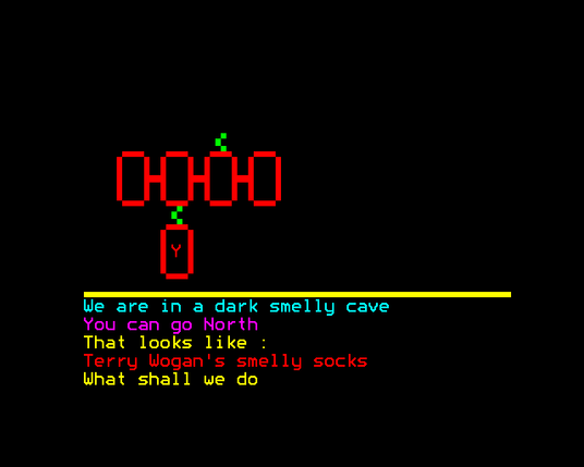 Map that says "We are in a dark smelly cave. You can go north. That looks like: Terry Wogan's smelly socks."