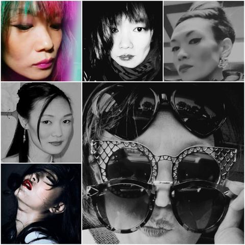 A grid-like collage with 6 individual portraits. The top row contains three portraits: one in color showing me with rainbow colored hair, another in black and white with me looking directly at the camera, and the last one in black and white of me with hair in a bun and wearing large earrings. The second row has two portraits: one in black and white showing me with hair pulled back, and another close-up in black and white of me wearing 3 pairs of sunglasses together. The final portrait is located in the lower-left corner and is a color image of me their head tilted back, wearing dark makeup and red lipstick. The lighting and composition in each portrait varies, creating a dynamic and visually appealing arrangement.